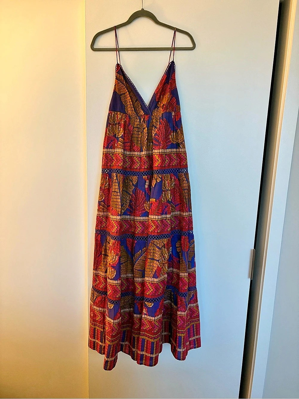 Farm Rio Forest Moon Dress Geometric Maxi Dress Blue & Red Size Medium NWT